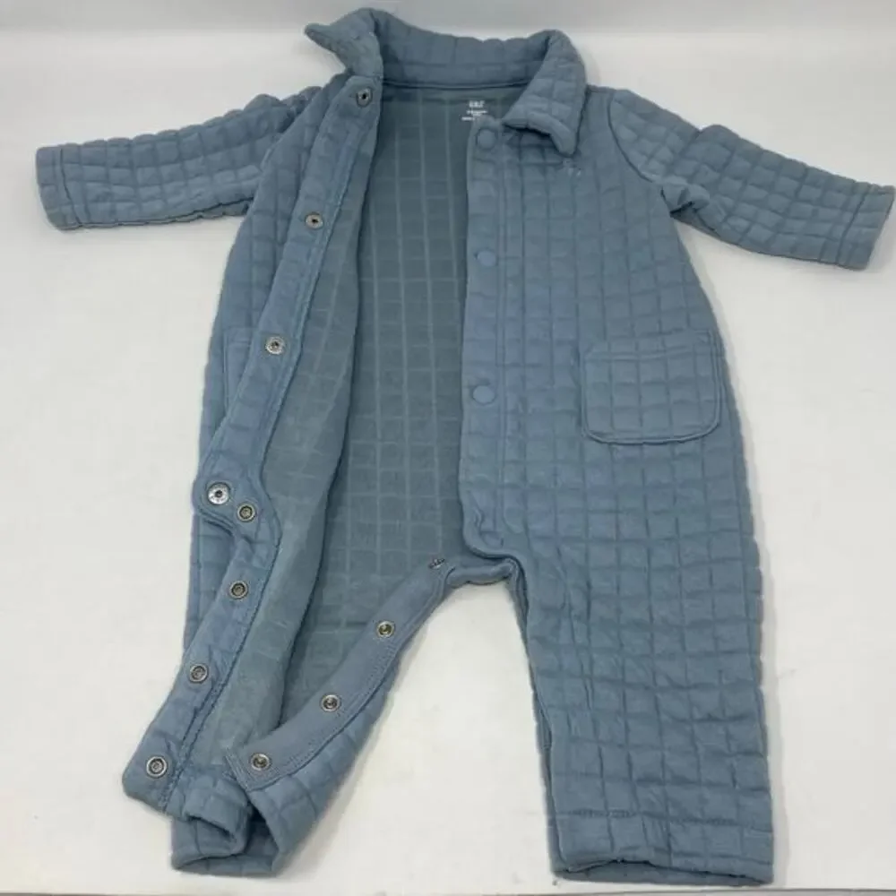 GAP Baby Quilted Jacquard One Piece Age 0-3 Mos Cozy‎ Light Blue Snap Coverall